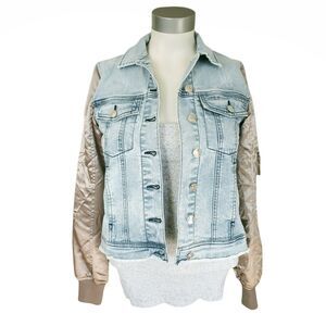 GENERATION LOVE Georgie satin sleeve distressed denim jeans jacket Size XS NEW